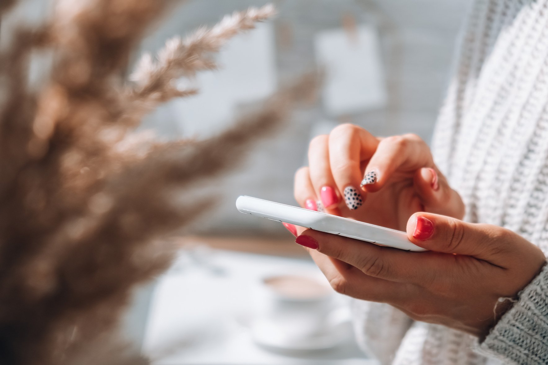 Woman Holding Mobile Phone. Pampas Grass Home Decoration. Checking Social Media Morning Routine at Home. Aesthetics